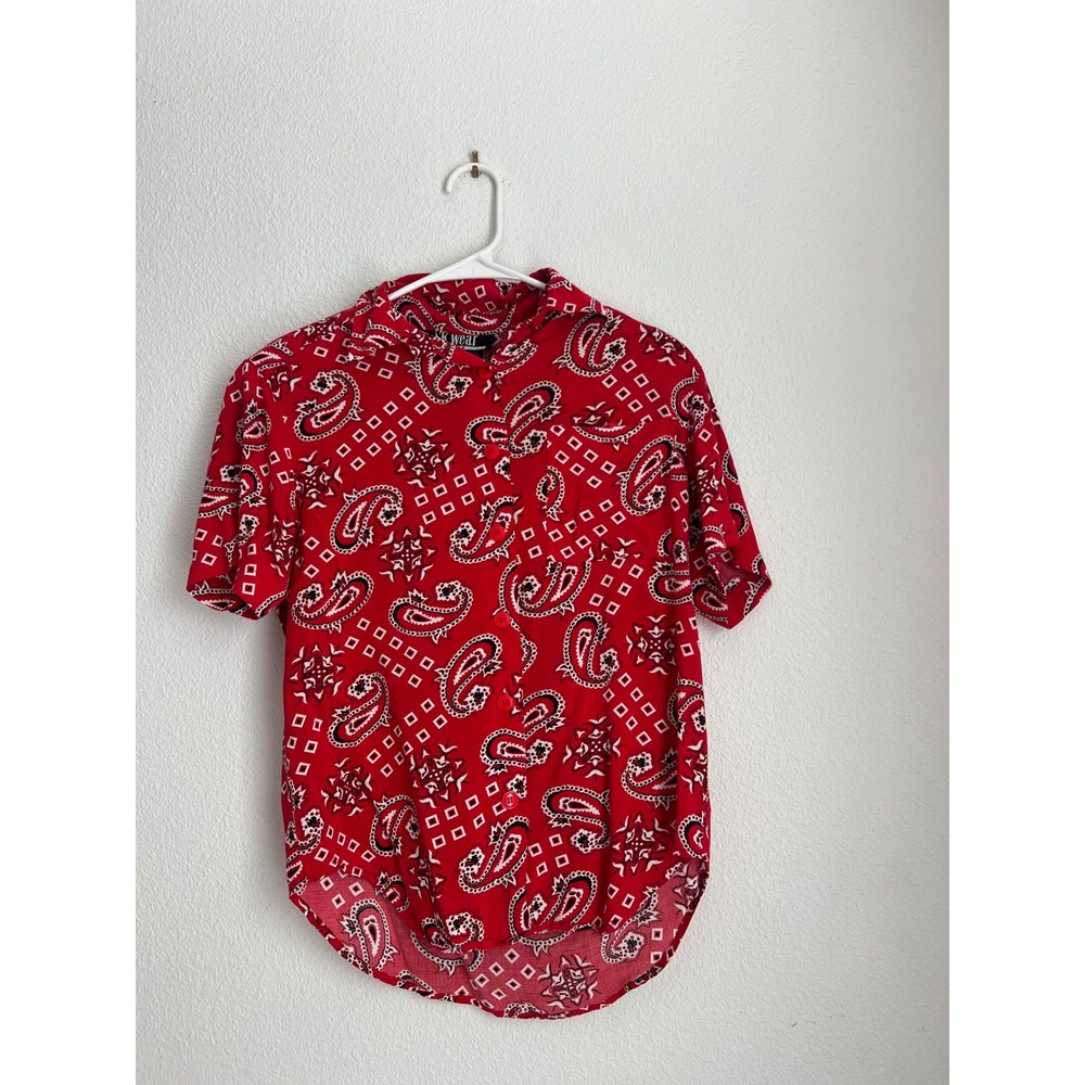 SK Wear Petite Red Paisley Bandana Print‎ Short Sleeve Button Up Shirt Women